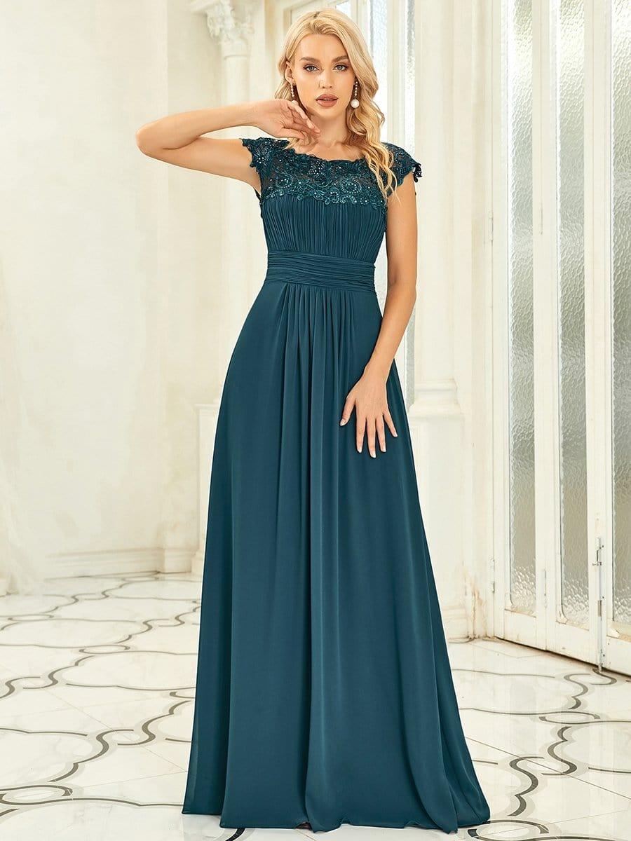Elegant Maxi Long Lace Cap Sleeve Bridesmaid Dress #color_Teal
