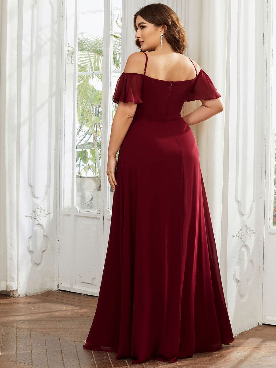 Plus Size Cold Shoulder Formal Bridesmaid Dress with Side Slit #color_Burgundy