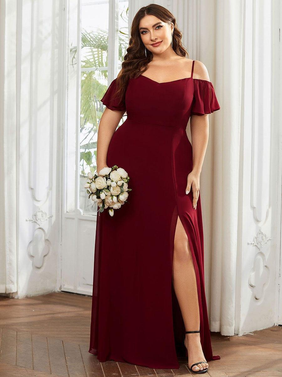 Plus Size Cold Shoulder Formal Bridesmaid Dress with Side Slit #color_Burgundy