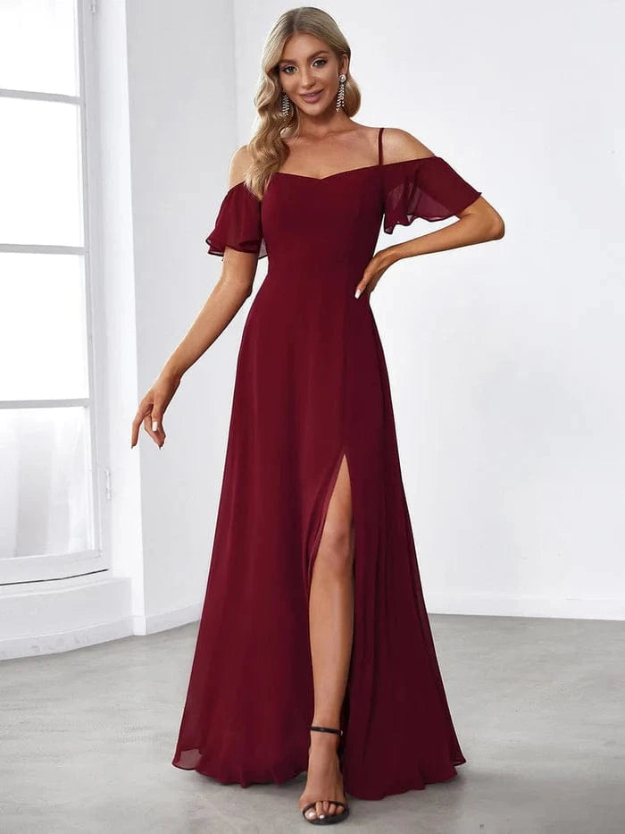 ever REYA|Stylish Cold Shoulder Flare Sleeves Flowy Bridesmaid Dress