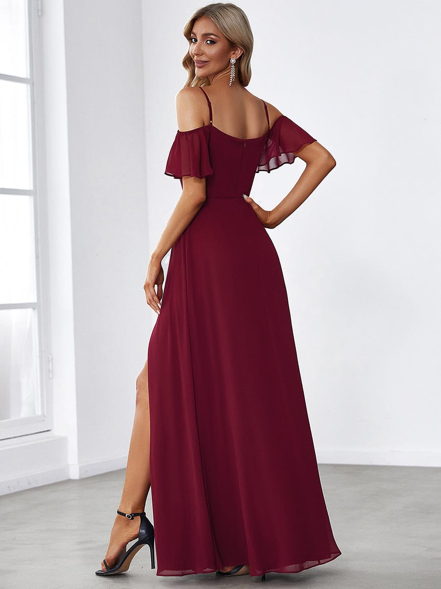 Stylish Cold Shoulder Flare Sleeves Flowy Bridesmaid Dress #color_Burgundy