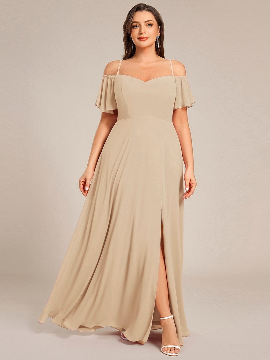 Plus Size Cold Shoulder Formal Bridesmaid Dress with Side Slit #color_Champagne