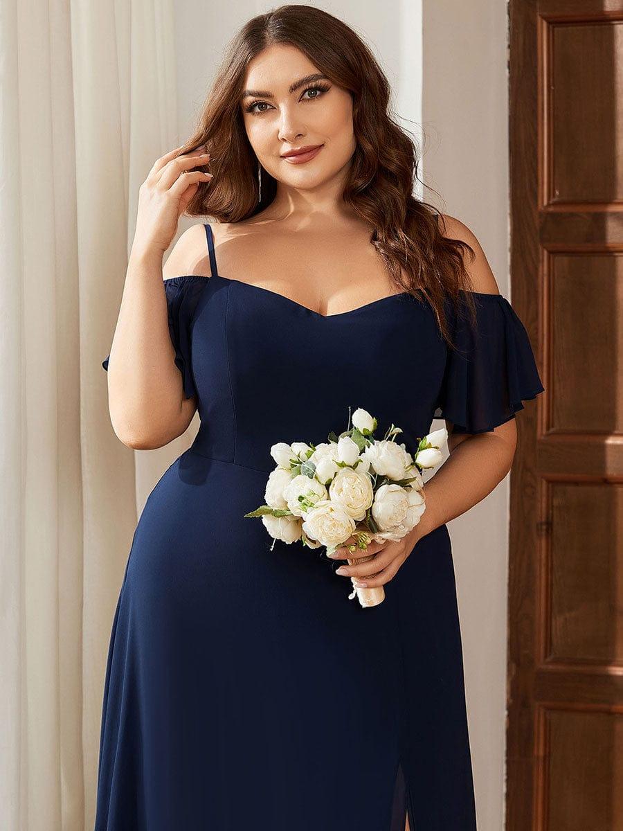 Plus Size Cold Shoulder Formal Bridesmaid Dress with Side Slit #color_Navy Blue