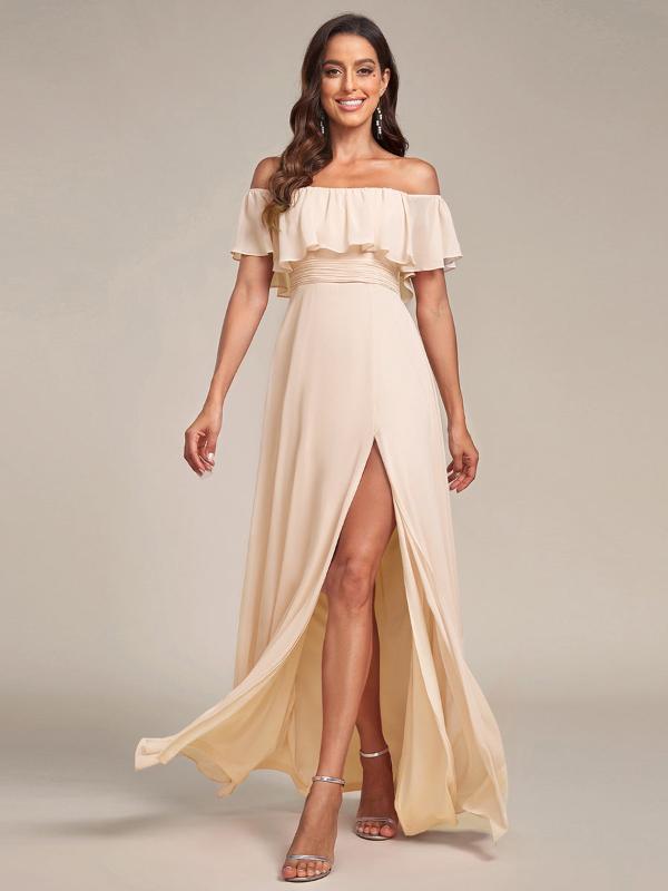 ever ÉMILE|Off the Shoulder Ruffle Bodice Long Flowy Chiffon Bridesmaid Dress