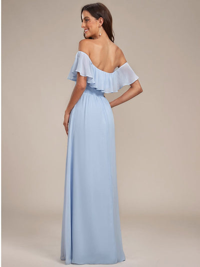 Off the Shoulder Ruffle Bodice Long Flowy Chiffon Bridesmaid Dress #color_Sky Blue