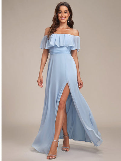 Off the Shoulder Ruffle Bodice Long Flowy Chiffon Bridesmaid Dress #color_Sky Blue