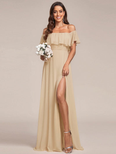 Off the Shoulder Ruffle Bodice Long Flowy Chiffon Bridesmaid Dress #color_Champagne
