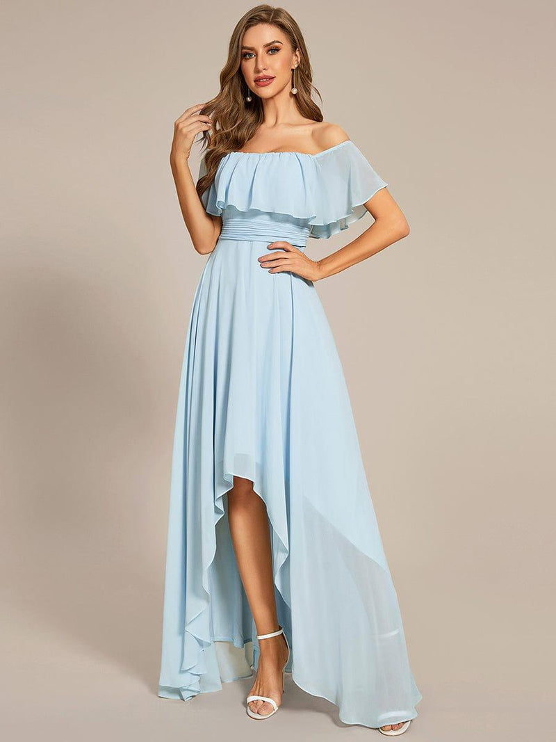 Flowy 3/4 Sleeves V-Neck Asymmetrical High Low Chiffon Bridesmaid Dress