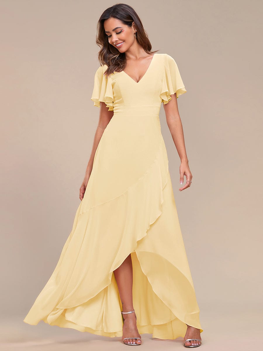 Ruffles Sleeve V-Neck Chiffon Bridesmaid Dress #color_Yellow