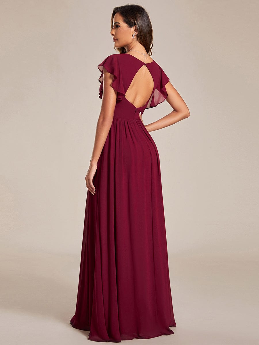 Back Cutout A-Line Pleated Ruffles Sleeve Chiffon Bridesmaid Dress #color_Burgundy