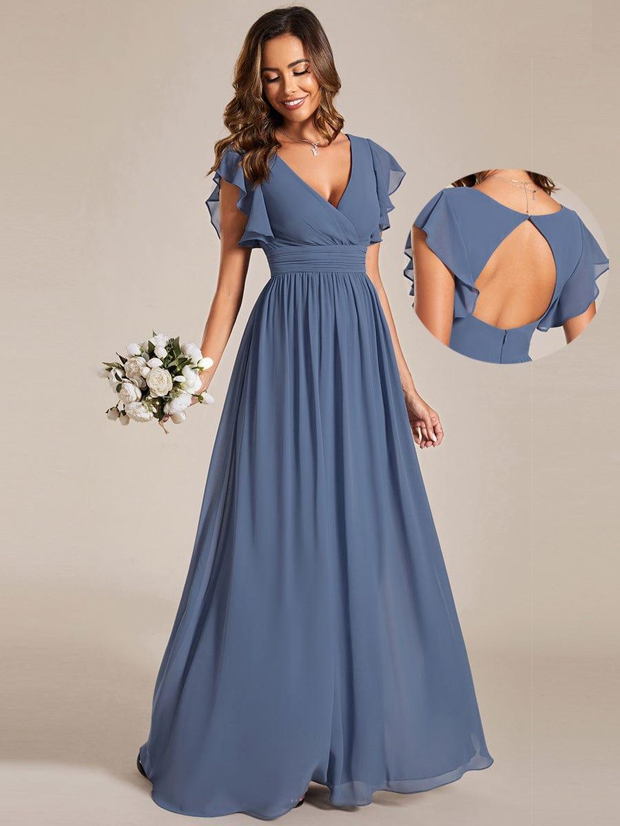 PRETTYPLEATSバービー Chiffon V-Neck Ruffles Sleeve Back Cutout Pleated Bridesmaid Dress