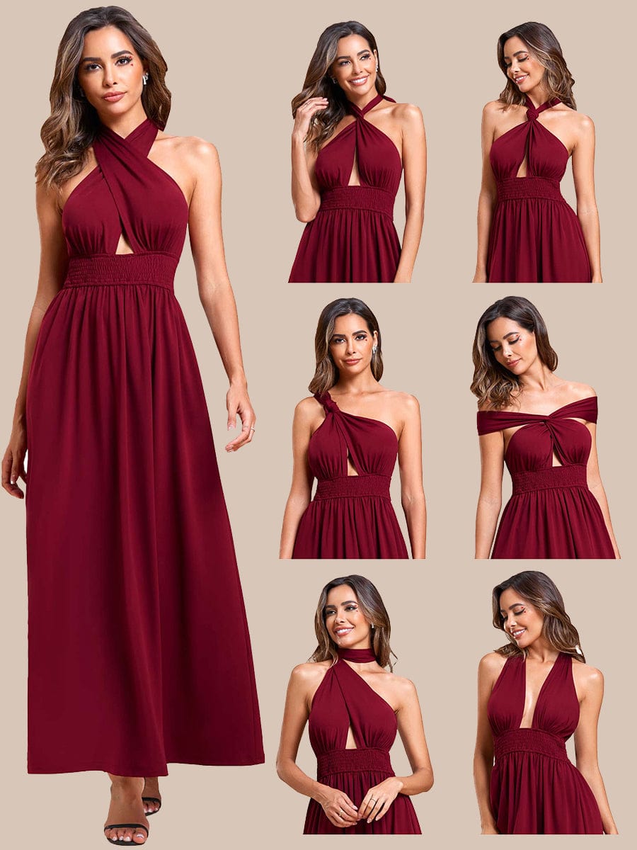 Convertible Halter A-Line Elastic Waist Tea Length Backless Bridesmaid Dress #color_Burgundy