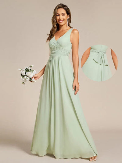Strapless Pleated V-Neck A-Line Maxi Chiffon Bridesmaid Dress #color_Mint Green