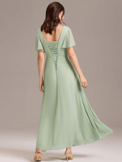 Short Sleeve Ruffled Lace-Up A-Line Maxi Bridesmaid Dress #color_Mint Green