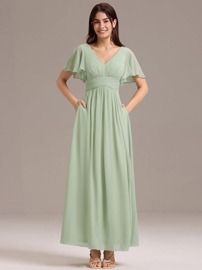 Short Sleeve Ruffled Lace-Up A-Line Maxi Bridesmaid Dress #color_Mint Green