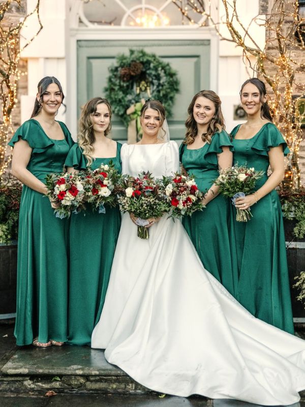 ever LIORIE|Satin Square Neck Short Sleeve Ruffled Maxi Bridesmaid Dress with Pockets Fan Photos 1
