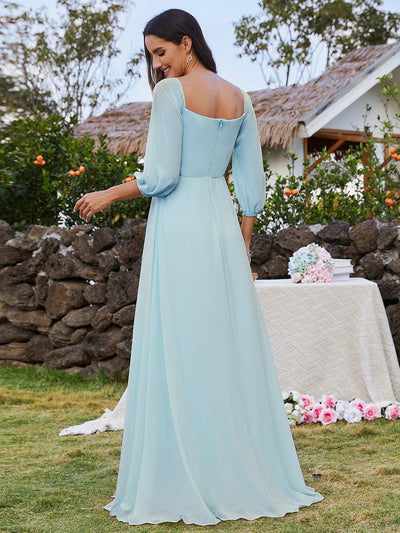 High-Slit Waist Pleated Off Shoulder Chiffon Bridesmaid Dress with Long Sleeves #color_Sky Blue