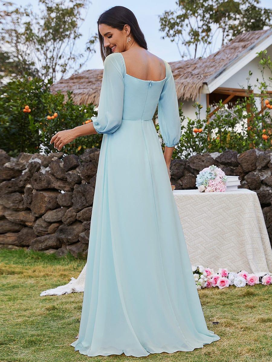 High-Slit Waist Pleated Off Shoulder Chiffon Bridesmaid Dress with Long Sleeves #color_Sky Blue
