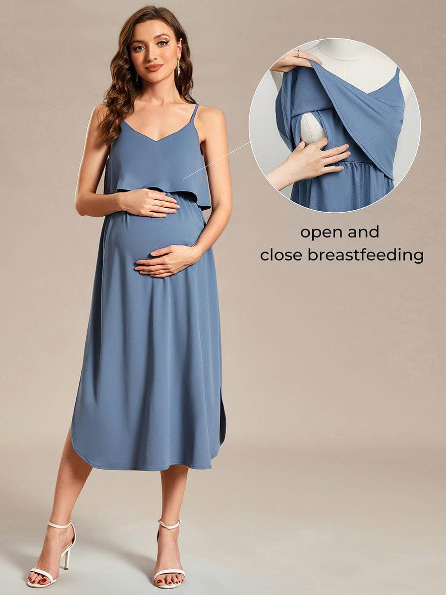 Airy Adjustable Spaghetti Straps Knee-Length A-Line Maternity Dress #color_Dusty Blue