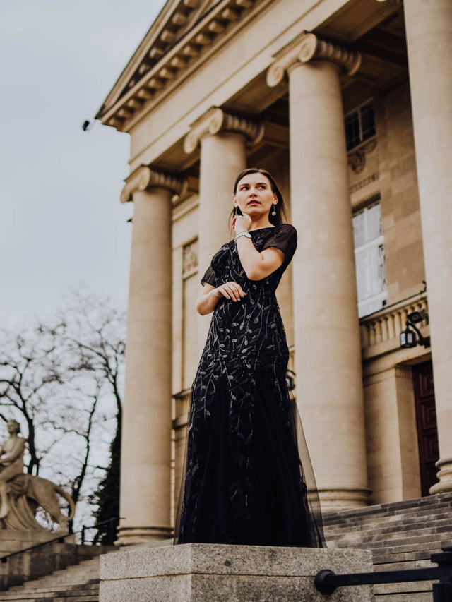 ever JADEN|Floral Sequin Maxi Fishtail Tulle Formal Evening Dress with Short Sleeve Fan Photos 6
