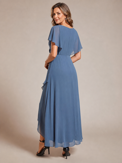 Elegant A-line Waist Applique Ruffled Mother of the Bride Dress #color_Dusty Blue
