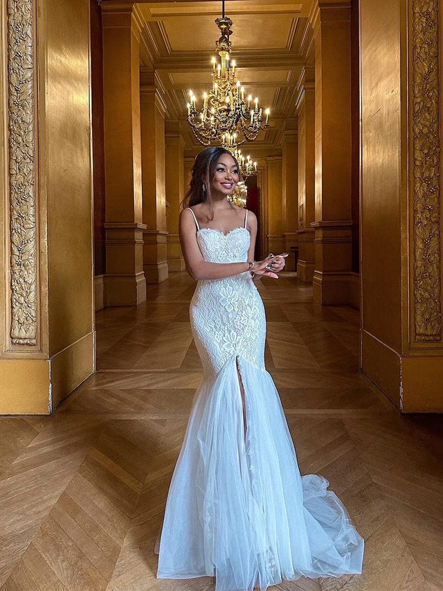 ORCELLA'S BRIDE|Spaghetti Strap Lace Backless Long Fishtail Wedding Dress Fan Photos 1
