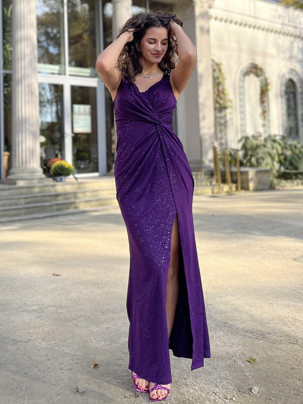 V-Neck Sequins Dark Navy Straps Wedding Guest Dress