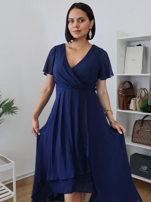 pretty LARK|Plus Size Chiffon Short Sleeves Pleated V-Neck A-Line Midi Wedding Guest Dress Fan Photos 17
