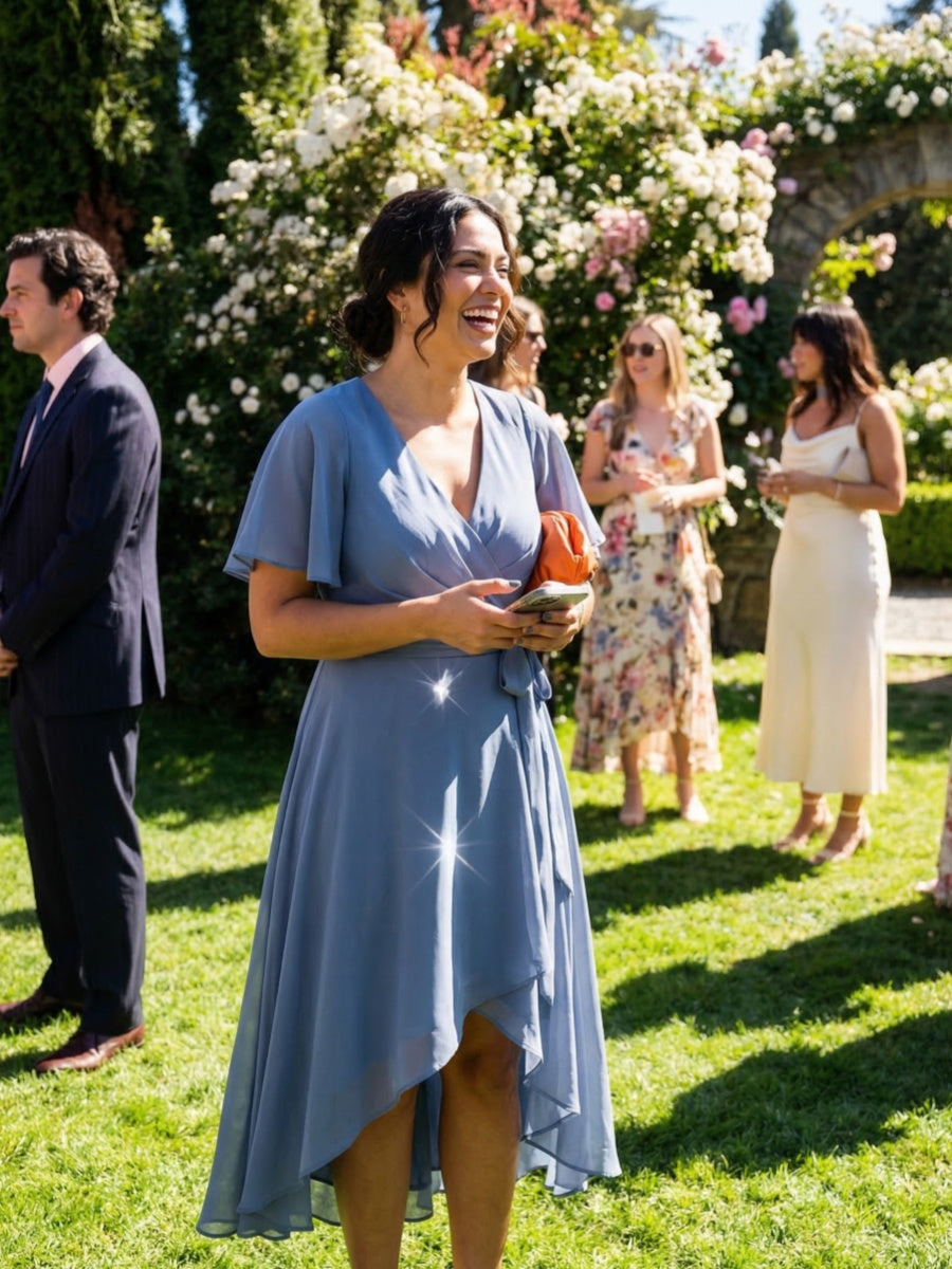 Plus Size Tie Knot Chiffon Wedding Guest Dress #color_Dusty Blue