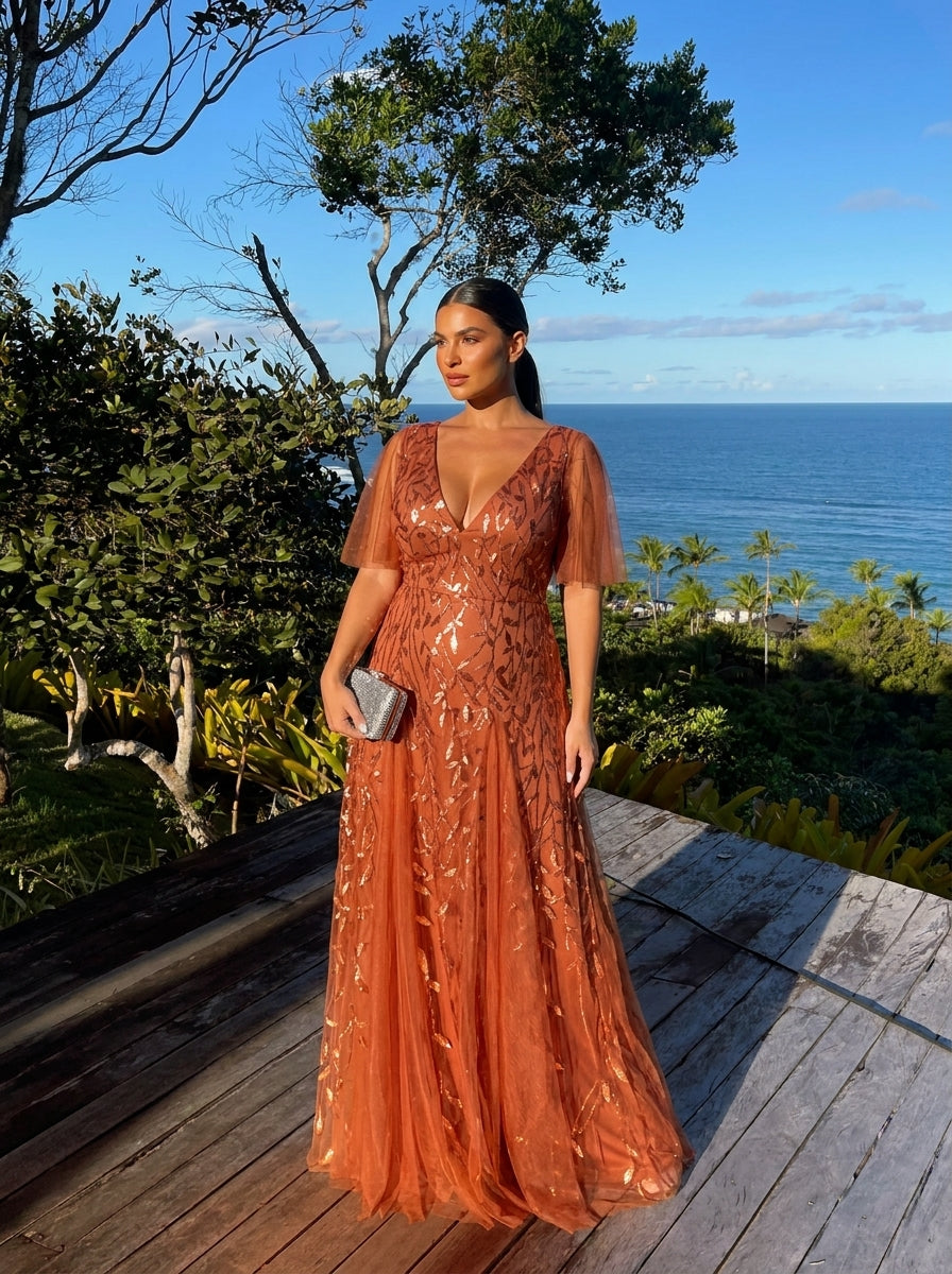 Shimmery V Neck Ruffle Sleeves Sequin Maxi Long Evening Dress #color_Burnt Orange