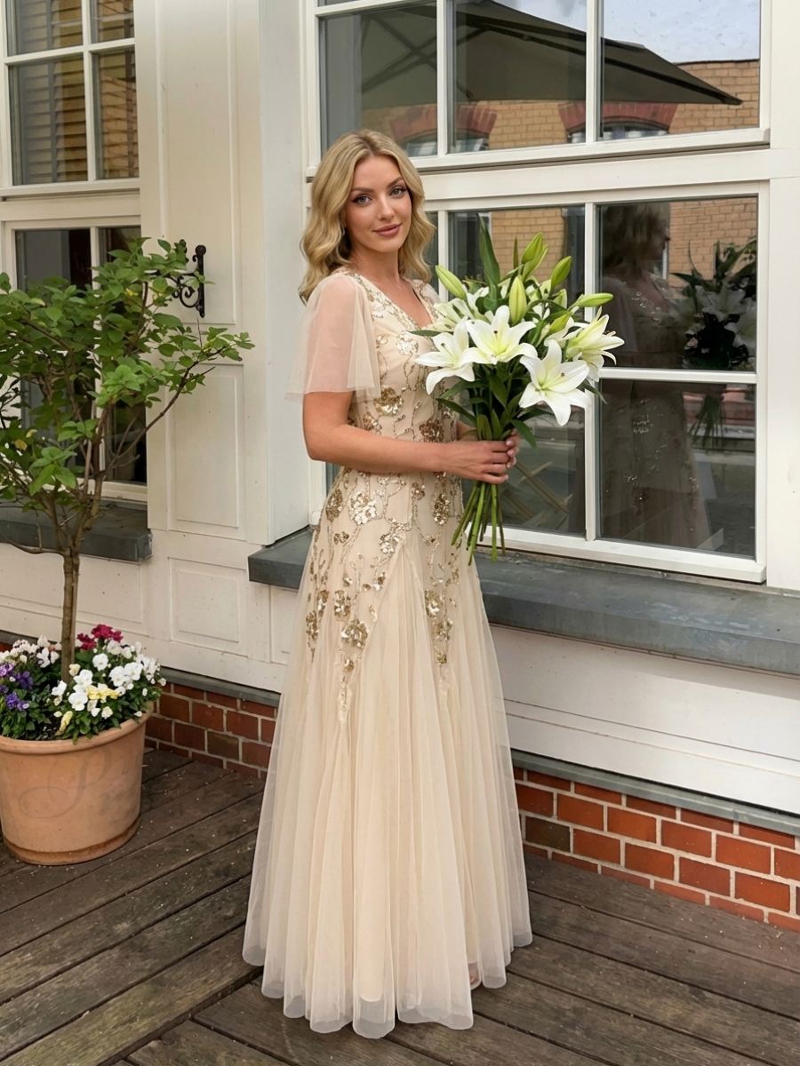 Floral Embroidered Sequin Ruffle Sleeve Tulle Evening Dress #color_Gold