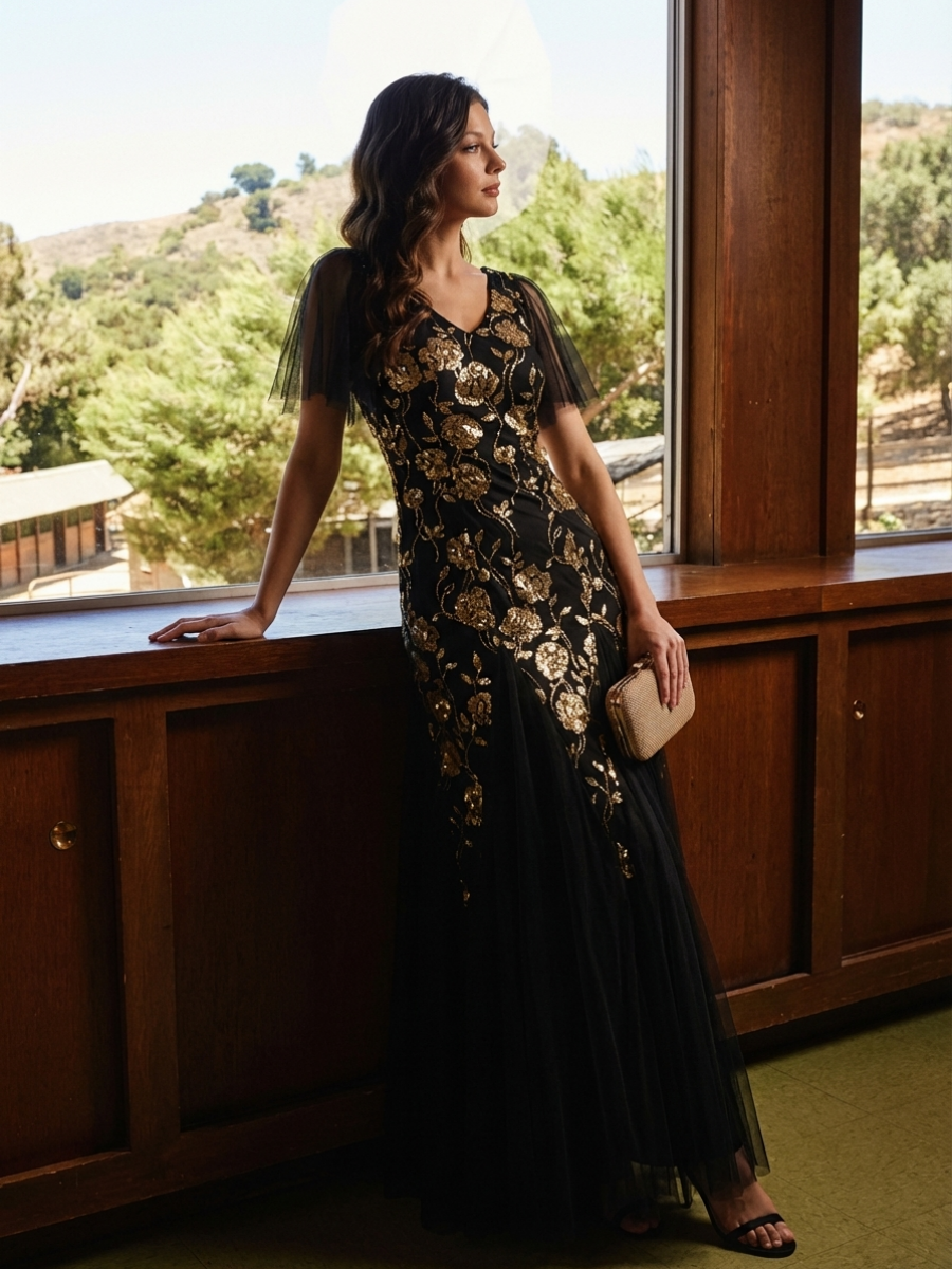 Embroidered Sequin V-Neck Tulle Formal Dress with Flutter Sleeves