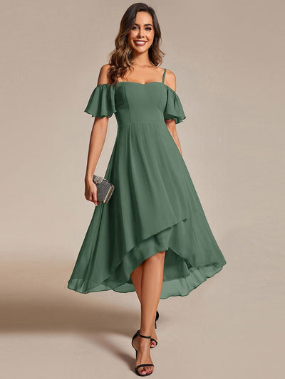 Spaghetti Strap Cold Shoulder Chiffon A-Line Midi Wedding Guest Dress #color_Eucalyptus
