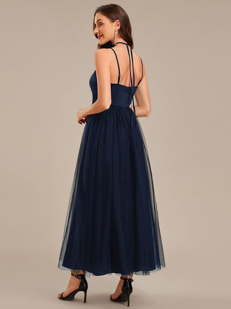 Tie-Front Satin Sleeveless Wedding Guest Dress #color_Navy Blue