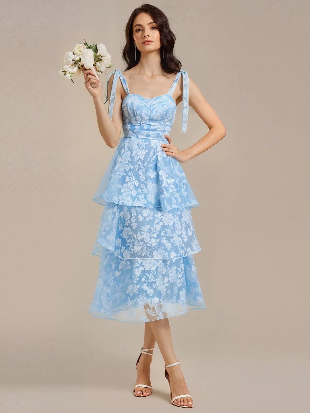 Floral Lace Tiered Wedding Guest Dress with Bow Straps