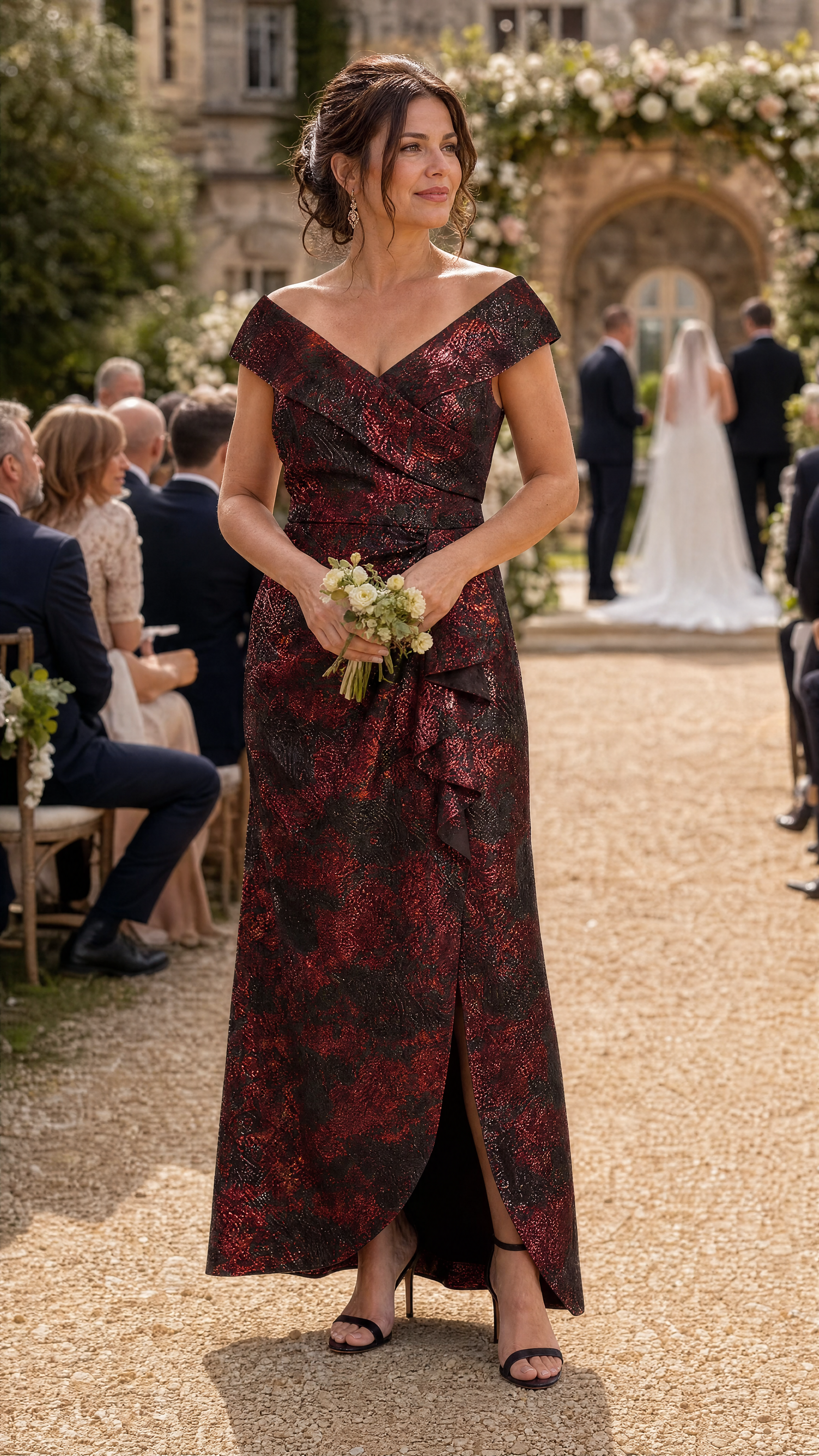 Ruffle Jacquard Cap Sleeve Evening Dress #color_Burgundy/Black