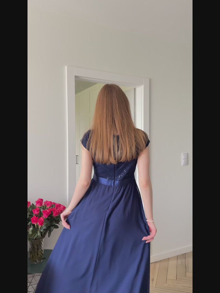 Deep V-Neck Lace Cap Sleeve Evening Dress Fan Photos video 1