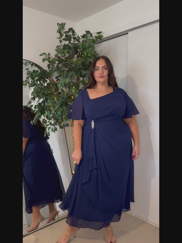 ever LILOU| Elegant Chiffon Ruffle Sleeve Formal Dress Fan Photos video 3