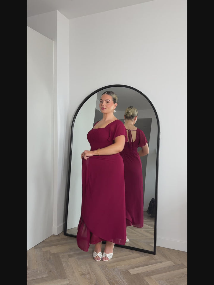 pretty AVIEL|Plus Size Square Neck Chiffon Ruffle Sleeve Bridesmaid Dress Fan Photos video 1