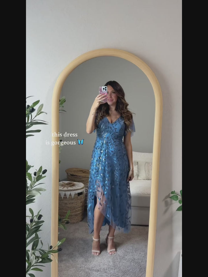 pretty ALIX|Plus Size Short Sleeves Sequin High Low V-Neck Midi Formal Evening Dress Fan Photos video 2