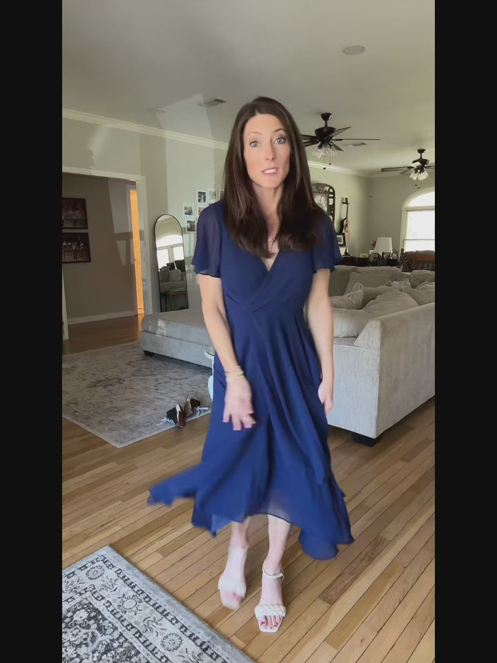pretty LARK|Plus Size Chiffon Short Sleeves Pleated V-Neck A-Line Midi Wedding Guest Dress Fan Photos video 3