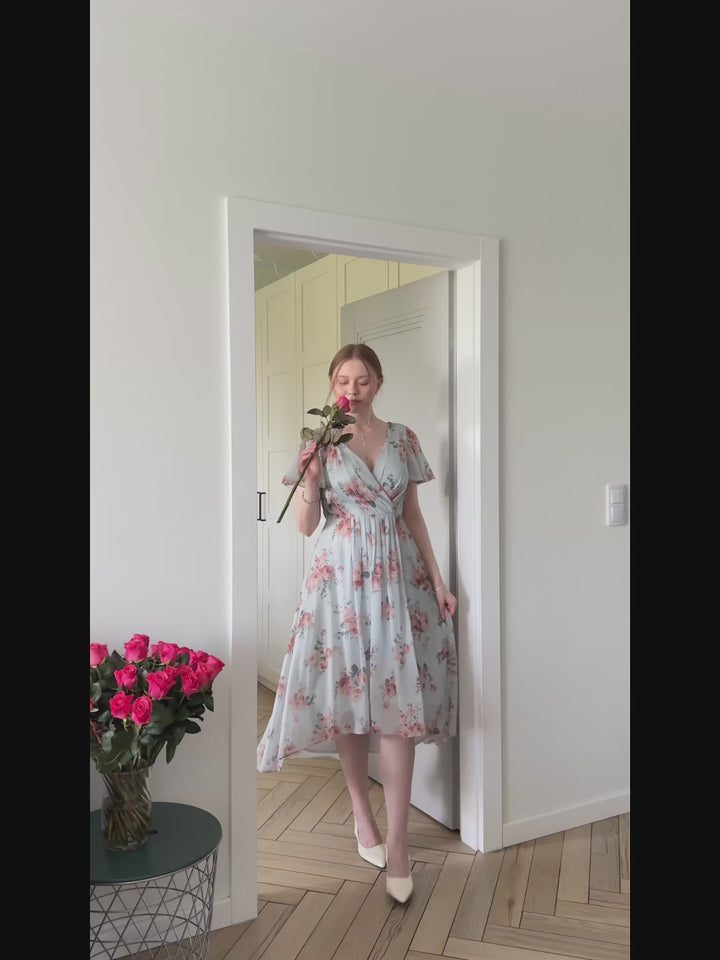 Printed Chiffon Ruffle Sleeve Wedding Guest Dress Fan Photos video 1