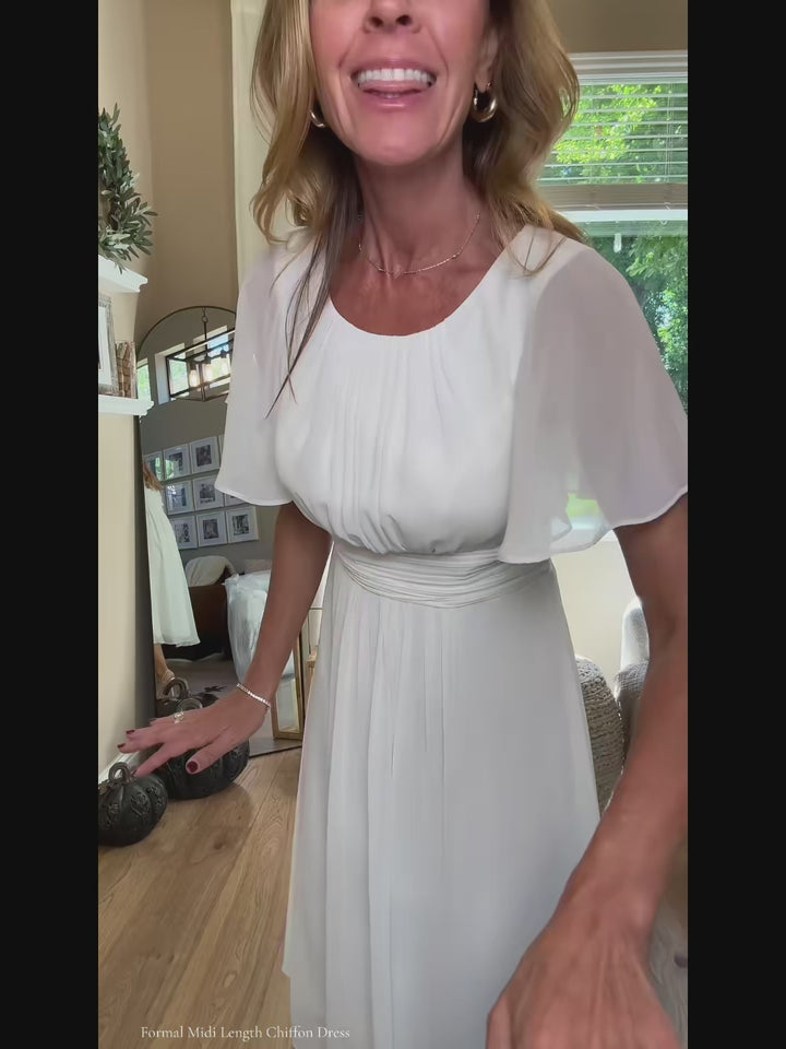 pretty EDEN|Plus Size Pleated Round Neckline A-Line Midi Chiffon Wedding Guest Dress Fan Photos video 1