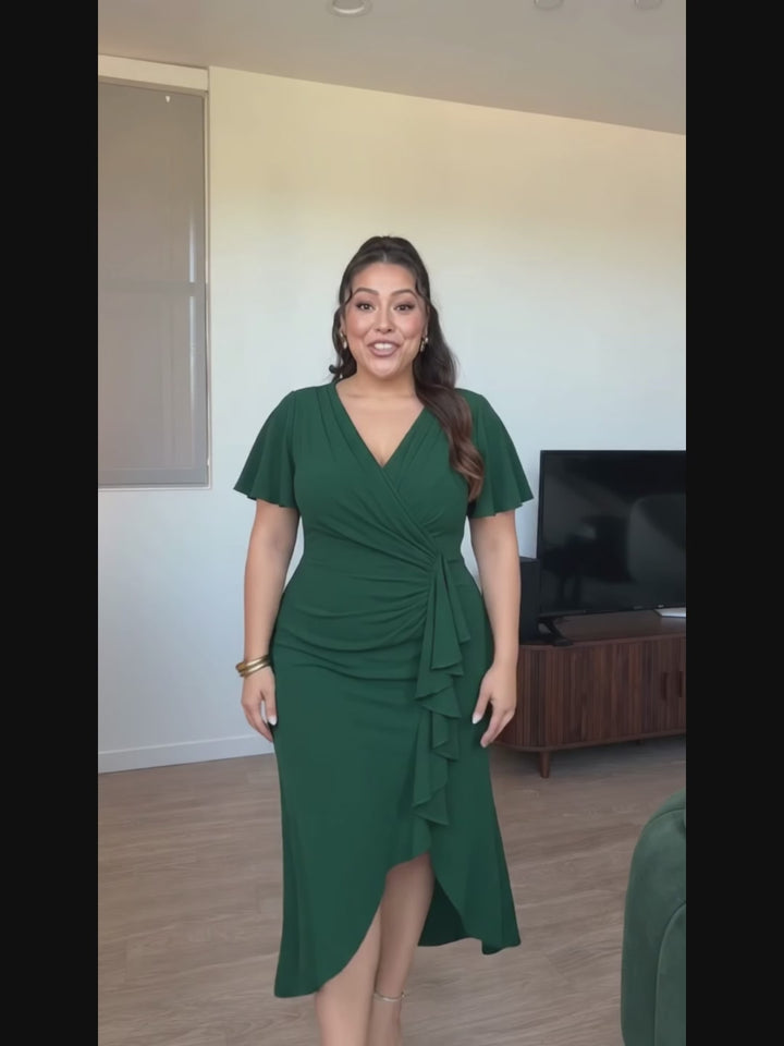 Thigh-High Slit Knit Ruffle Sleeve Wedding Guest Dress Fan Photos video 1