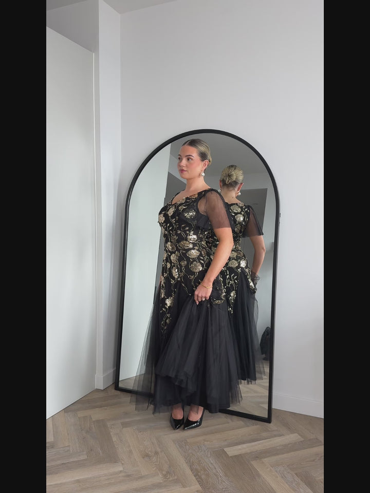 ever ORLA|Floral Embroidered Sequin Ruffle Sleeve Tulle Evening Dress Fan Photos video 1