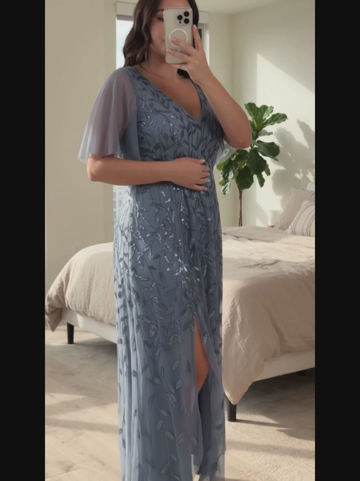 ever ALIX|Short Sleeves Sequin High Low V-Neck Midi Formal Evening Dress Fan Photos video 1