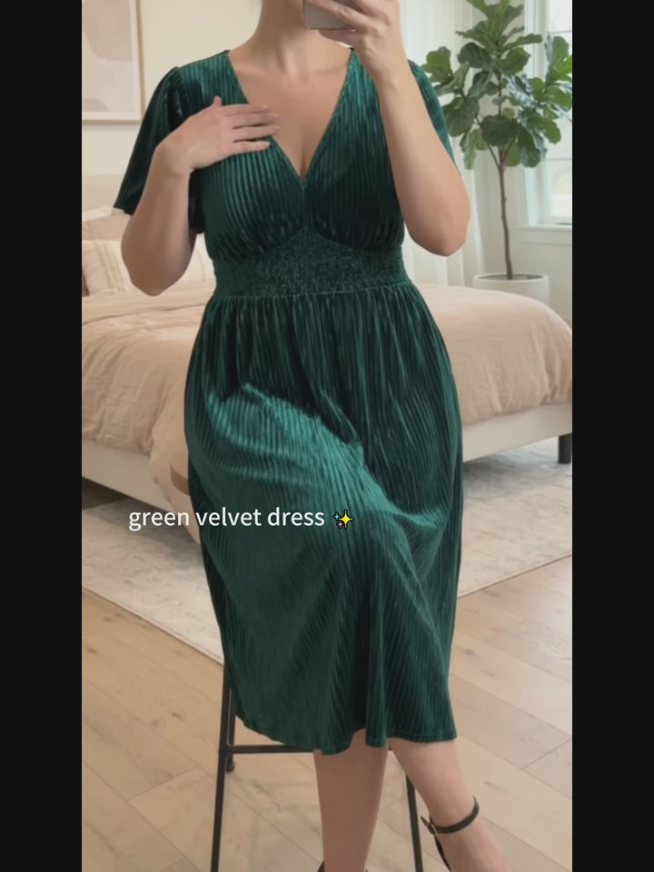 ever AZALEA|Graceful V-Neck Waist Design Short Sleeves Fall Velvet Midi Wedding Guest Dress Fan Photos video 2