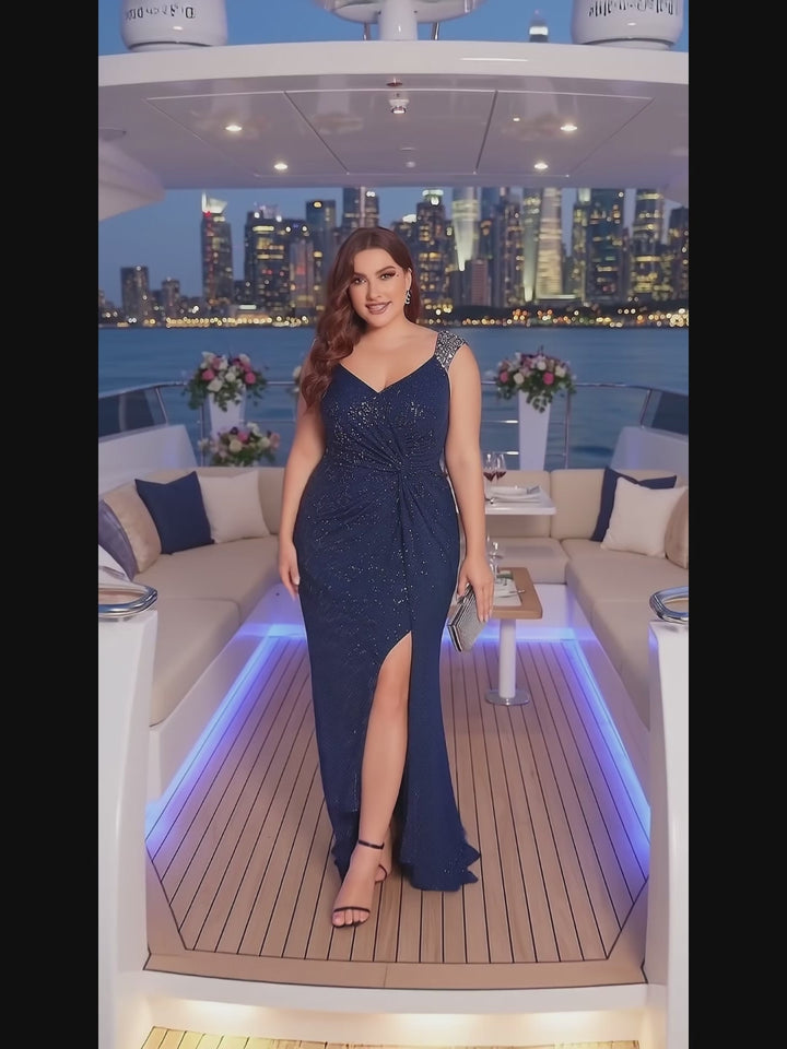 ever NOIRE|Glitter V-Neck High Slit Sequin Shoulder Strap Evening Dress Fan Photos video 4