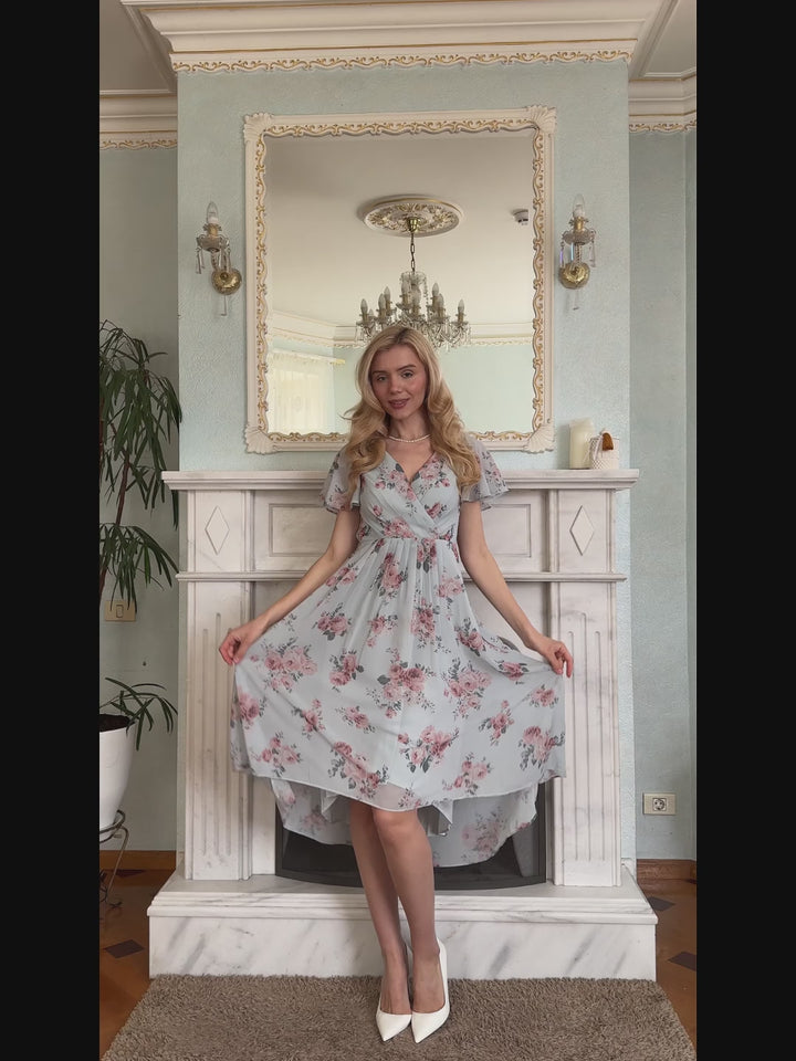 Printed Chiffon Ruffle Sleeve Wedding Guest Dress Fan Photos video 2