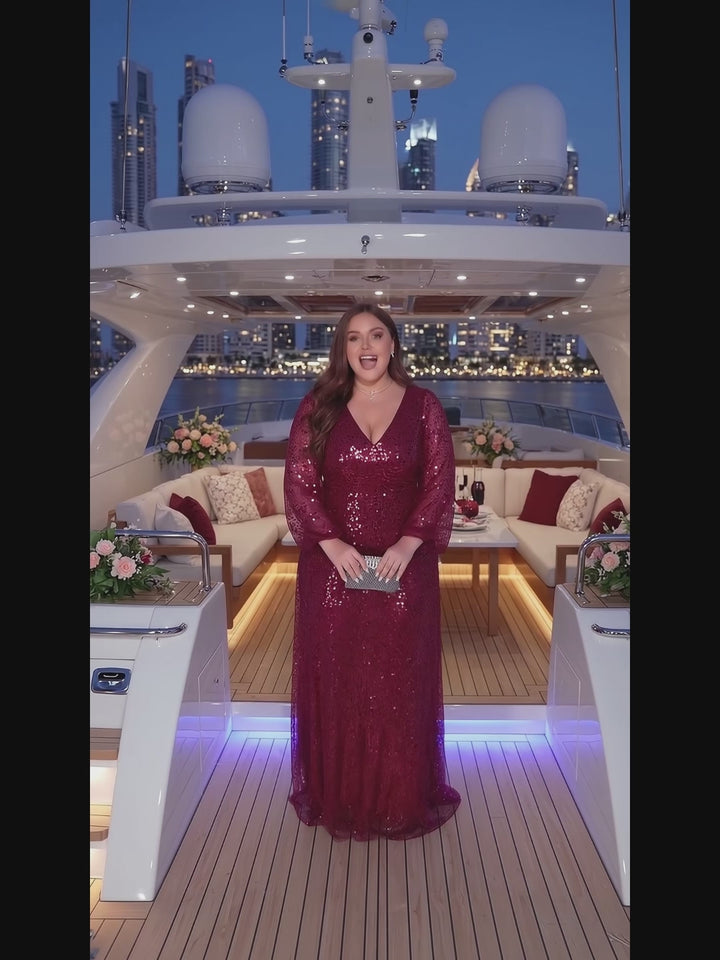 ever RAYVEN|Shimmering All Over V-Neck Long Lantern Sleeve Sequin A-Line Evening Dress Fan Photos video 1